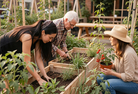Family of different generations working together in garden bed