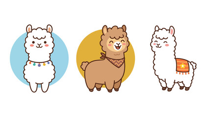 Fototapeta premium Three cute fluffy llamas standing in colorful circles as a charming vector style animal collection set