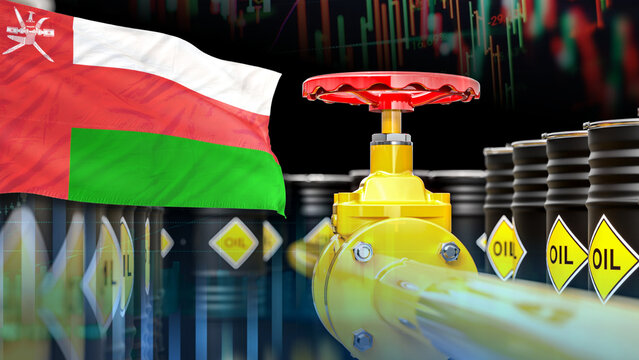The Omani flag, oil pipelines, oil drums, and financial charts illustrate the energy sector, the oil and gas industry, gasoline transportation, and fluctuations in Omani oil prices.