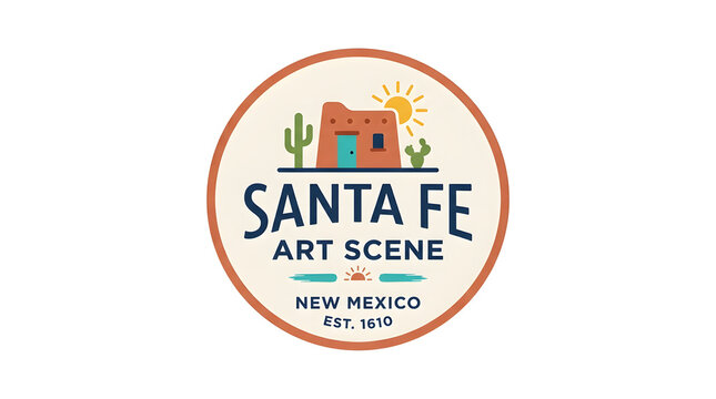 Santa Fe art scene badge with adobe house icon. Minimalist cultural emblem for southwestern creative branding.