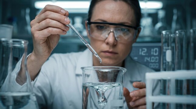 A scientist works in a laboratory, using a pipette to add liquid to a beaker. Equipment and glassware are visible around her