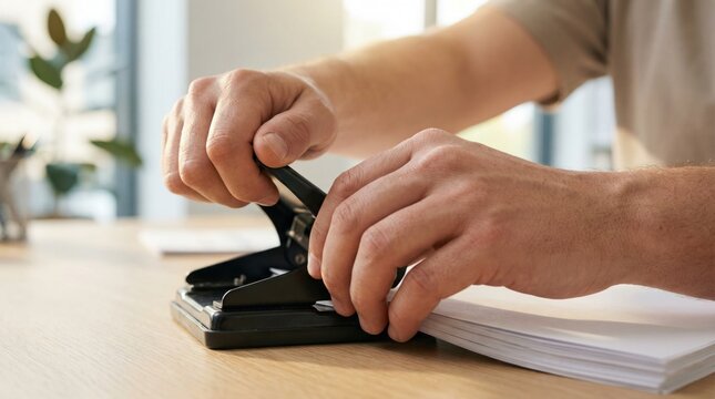 A person is stapling sheets of paper together on a wooden desk in an office with large windows letting in light