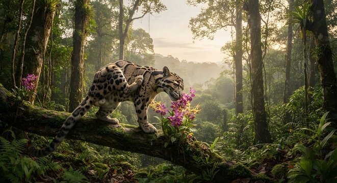 Clouded leopard standing on a mossy branch smelling wild orchids in the forest