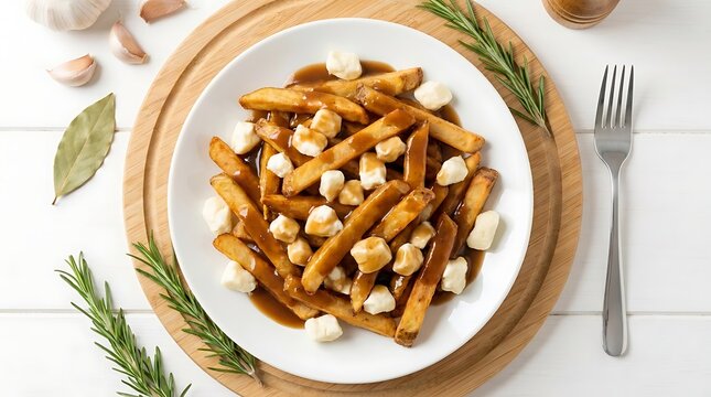 Delicious homemade poutine with cheese curds and gravy on a white plate
