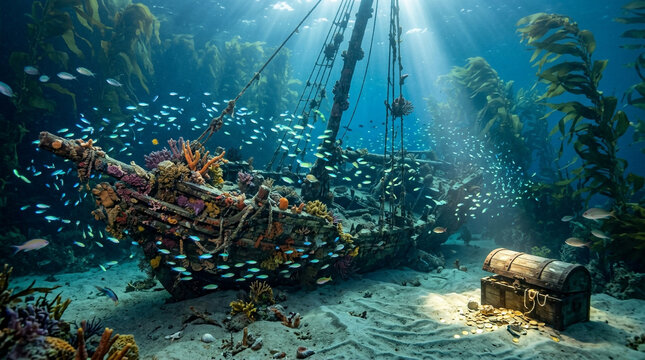 Dramatic underwater scene showcasing a sunken shipwreck surrounded by schools of fish, marine plants, and a treasure chest.