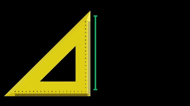 Yellow set square triangle ruler measuring and moving in a 4K 3D looping animation with transparent background, ideal for back-to-school education, geometry math lessons, and study presentations.