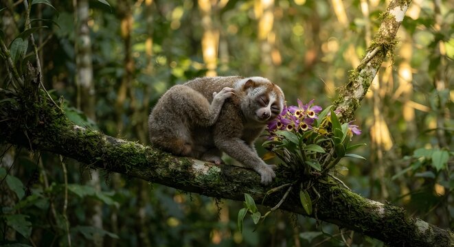 Slow loris resting on a mossy tree branch in a lush tropical forest
