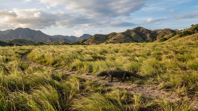 Komodo dragon walking through the grassy savanna of komodo island