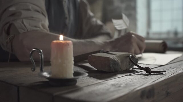 Whetstone with a leather strap and a penknife on a wooden table against the blurred background of a medieval artist drawing a flying machine blueprint with a quill pen, tracking shot