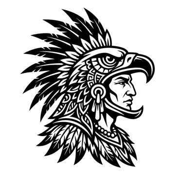 Detailed black and white Aztec eagle warrior profile illustration.