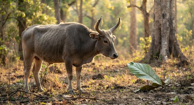 Water buffalo standing in a sunlit forest clearing with a beetle on a leaf