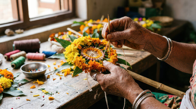 Hands crafting a floral garland with marigold flowers and thread.