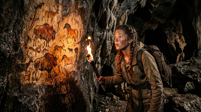 Person in rugged clothing holding a torch inside a dark, rocky cavern with glowing embers on the ground.