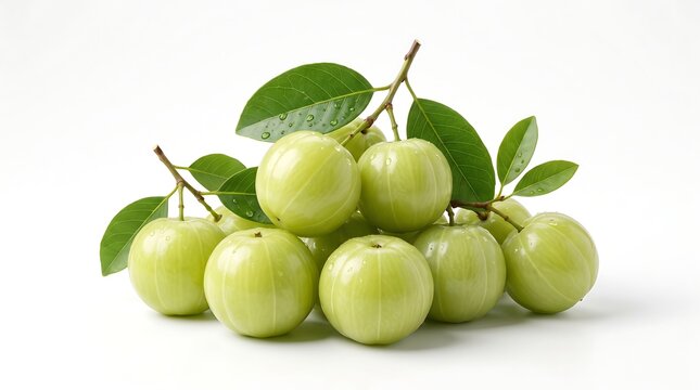 Fresh organic Indian gooseberry amla fruits with green leaves isolated on white background.