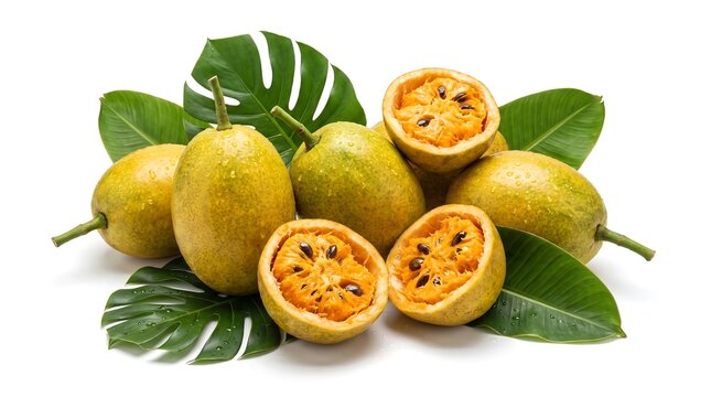 Fresh whole and halved ripe bael fruit with green leaves isolated on white background.