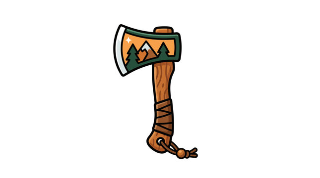 Hand Axe with Mountain Forest Scene Illustration
