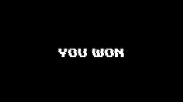 you won text with glitch background Concept for animated video game screen. text you won looped glitch animation gaming effects 4k animation