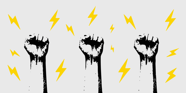 Raised Fists And Lightning Bolts Black Silhouette On White Background Protest Art Style