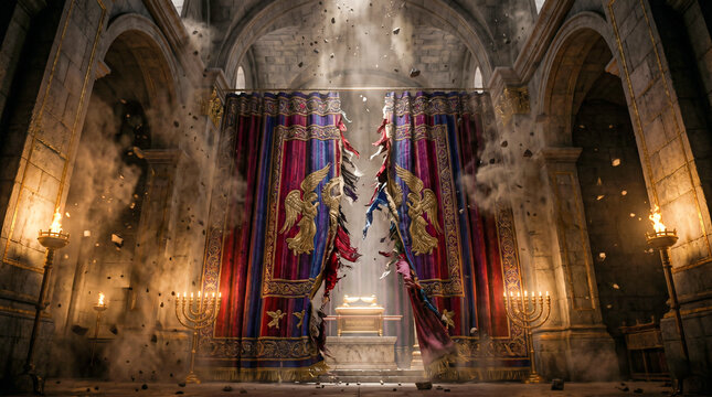 The curtain in the Temple is torn from top to bottom after the death of Jesus Christ. A Gospel story for Easter religious publications and Bible education