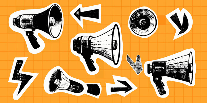 Retro Megaphones And Arrows Pop Art Halftone Sticker Set On Orange Background