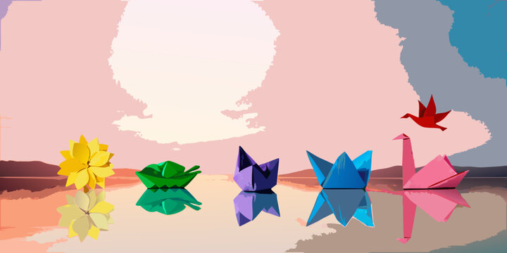Colorful origami cranes and lotus flower in a stylized digital painting scene