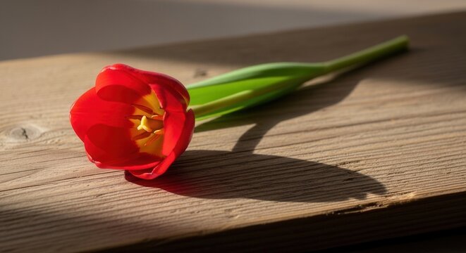 single red tulip on wooden surface