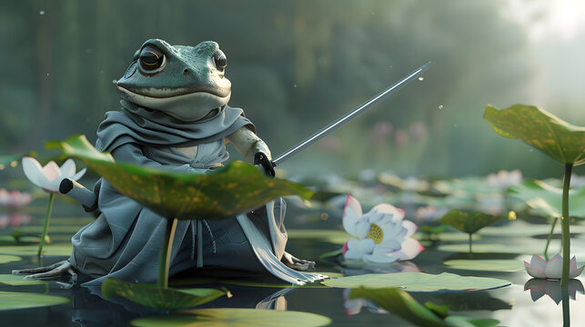 Wise frog monk fishing in a pond. Zen toad character holding a rod in a lotus garden.