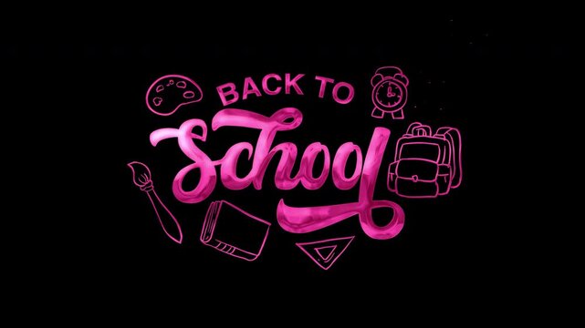 magenta letters spell "Back to School" against a dark background. Art tools and backpacks float around the text. The design feels festive and nostalgic for returning to education