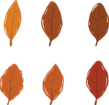 Autumn simple oval tree leaves set in golden yellow, terracotta red, and brown colors