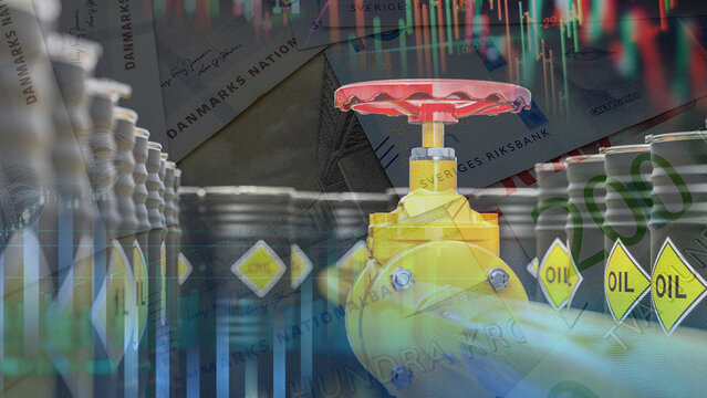 Danish krone and Swedish krona banknotes, oil pipelines, oil drums, and financial charts illustrate the energy sector, the oil and gas industry, gasoline transportation, and fluctuations 