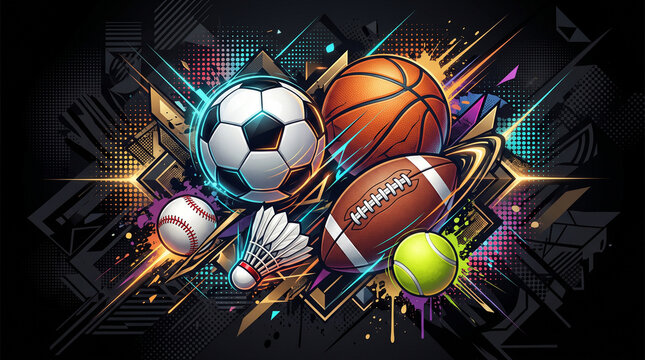 A sports background featuring equipment from a variety of sports.