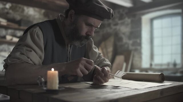 A medieval scholar sharpening a feather quill pen with a penknife and testing the nib with a thumb near a burning candle on a wooden table inside a dimly lit workshop