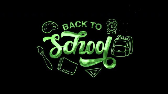 Green letters spell "Back to School" against a dark background. Art tools and backpacks float around the text. The design feels festive and nostalgic for returning to education