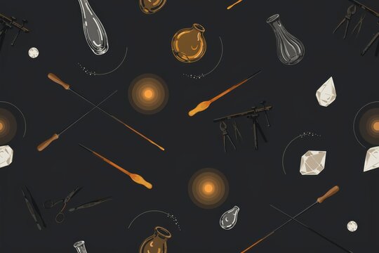 Seamless pattern featuring mystical alchemy tools, glass vials, crystal stones, metal tongs, and glowing orbs on a dark charcoal background