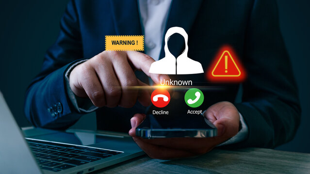 People hand using mobile phone with warning messages icon alert, virus protection software, business finance, malware attack warning, cybersecurity, internet network technology concept