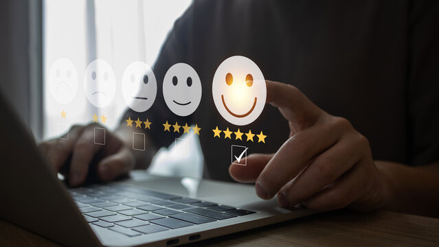 Customer use smartphone to Submit Feedback with Digital Satisfaction Ratings. Customer Service and Online Consumer Interaction in Business Platform, Virtual Icons for Positive Review.