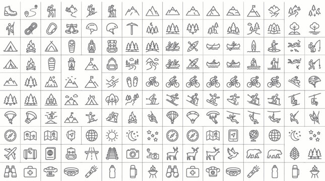 Set of adventure, hiking, camping and outdoor activity line icons