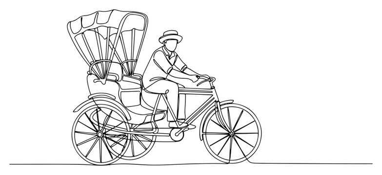Traditional bicycle rickshaw with driver in continuous one line art style, Asian urban transport and tourism illustration