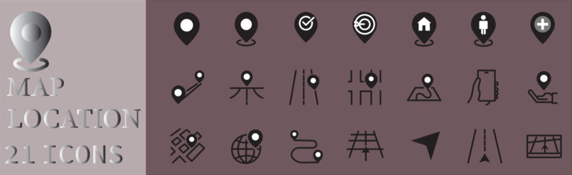 Map and location icon set. Navigation, GPS, direction, travel, route, destination, road, navigator icon