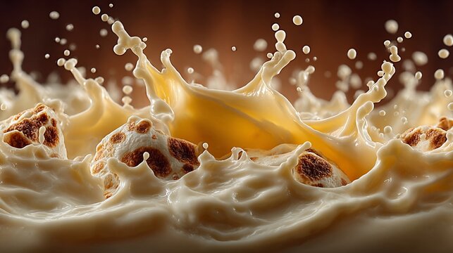Creamy liquid splash with chunks on brown backdrop; dynamic, fluid motion, and tantalizing texture are captured
