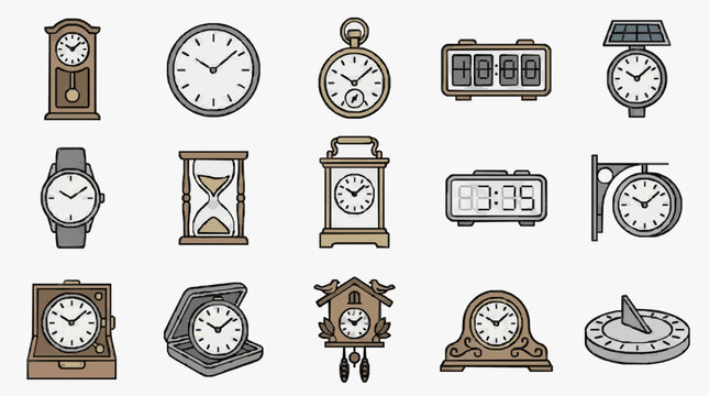 Professional of Diverse Timekeeping Devices in Monochrome and Earthy Tones with high quality professional line art symbols for modern creative design and digital branding projects