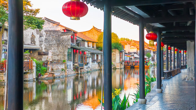 Traditional canal scene in Xitang ancient water town, Jiashan County, Zhejiang, China