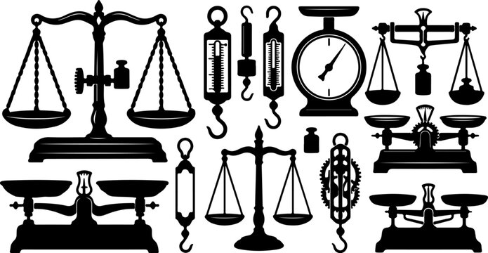 vintage weighing scales and balance icons vector set