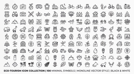 Obraz premium Ecotourism icon collection, 100 minimal symbols, monoline vector style