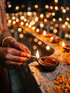 Close-up of hands decorated with intricate henna art lighting a row of small clay oil lamps surrounded by scattered marigold petals at dusk. Diwali, Festival of lights celebration.