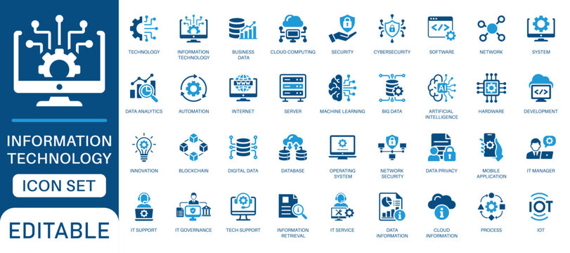 Information technology icon set. featuring cloud computing, it support, cybersecurity, software development, artificial intelligence, big data, data analytics and more vector icons.