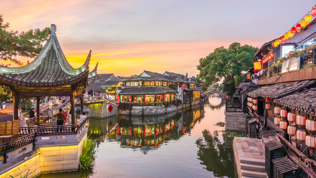 Sunset view of Xitang ancient water town in Jiashan County, Zhejiang, China