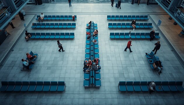 Passengers wait with luggage in a spacious airport terminal with rows of blue seating and tiled floors