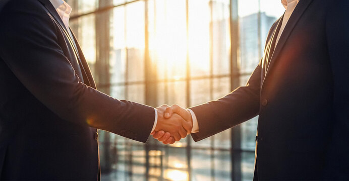 Businessmen Shaking Hands in Modern Office, Close Up Corporate Handshake, Partnership Agreement and Deal Success Concept