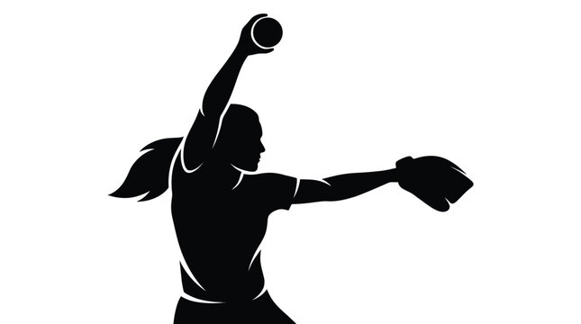 Minimalist black vector illustration showing a female softball player preparing to throw a white ball fast
